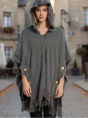Seven Island - Hooded Fringe Poncho Sweater - Dark Gray New with tags